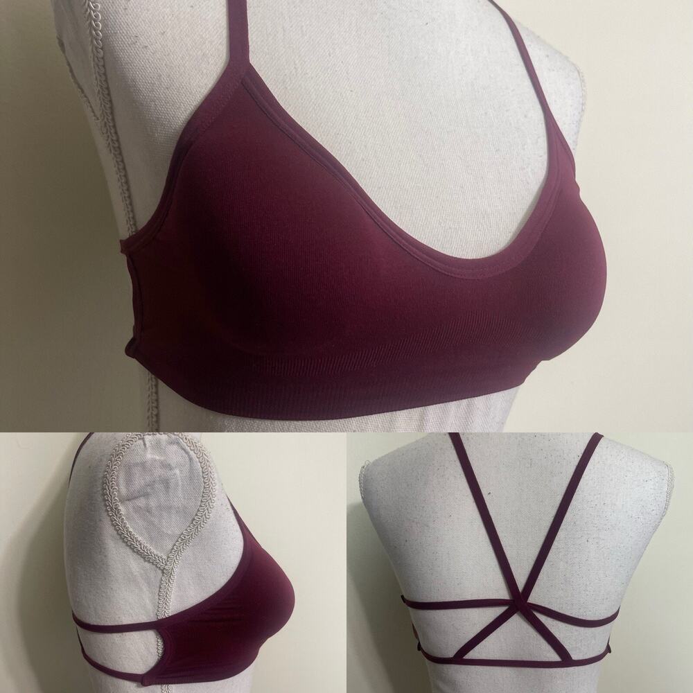 Anemone Sports Bra Cross Sexy Strappy Back Top Crop,‎ Burgundy, One Size, PADDED